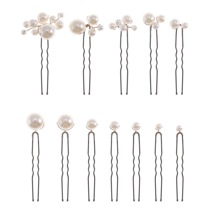 SOLENY front view of 12 pearl hair pins showing elegant set and organized layout