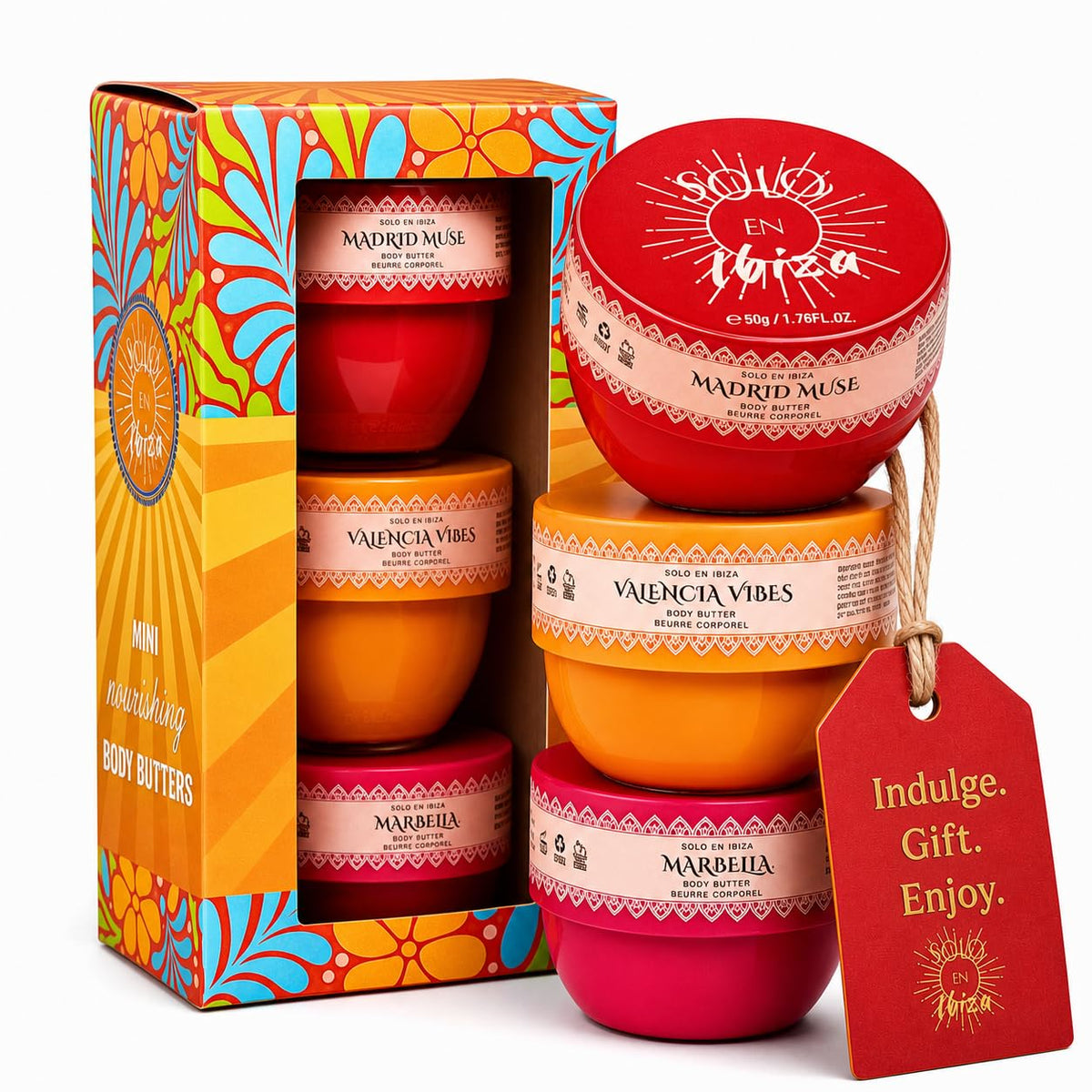 Solo en Ibiza front packaging showing colorful floral gift box and three jars, attractive presentation
