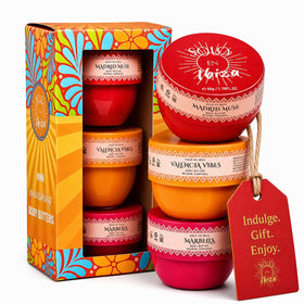 Solo en Ibiza front packaging showing colorful floral gift box and three jars, attractive presentation