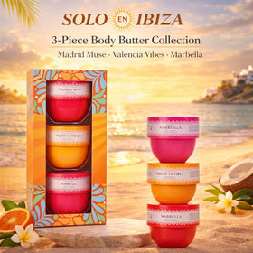 Solo en Ibiza three jars top view displaying Madrid Muse Valencia Vibes and Marbella scents, easy choice