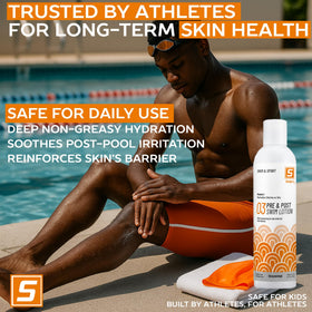 Solpri by a poolside towel showing convenient in-bag use and chlorine protection benefit