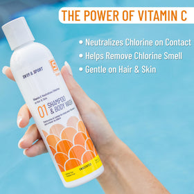 Solpri pouring shampoo in hand illustrating quick application after swim
