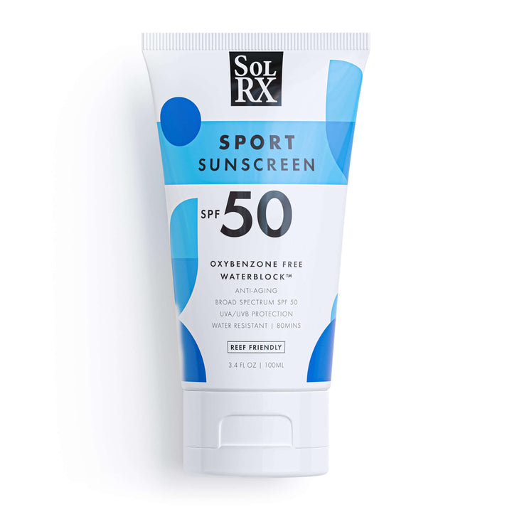 SolRX sport front packaging showing SPF 50 protection and benefits