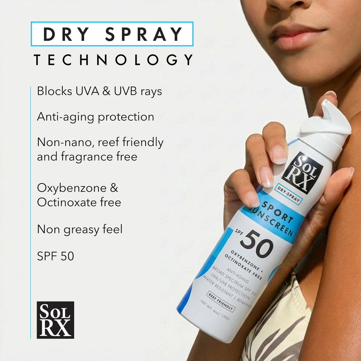 SolRX spray pattern closeup illustrating quick-absorbing non-greasy texture