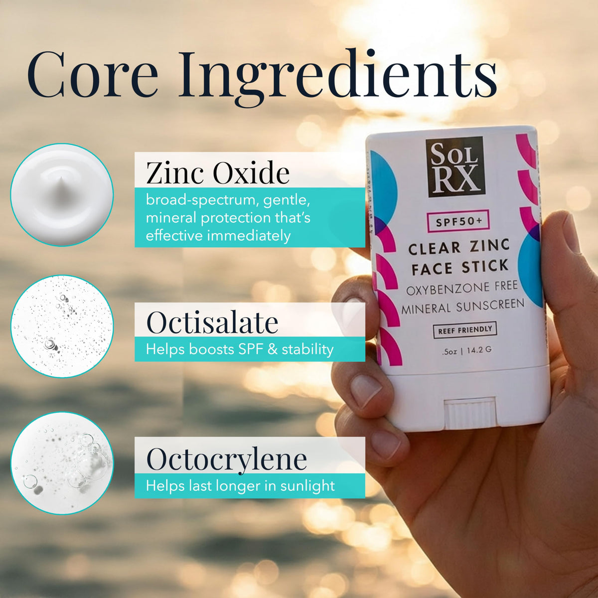 SolRX open cap revealing label and ingredient clarity for reef-friendly choice