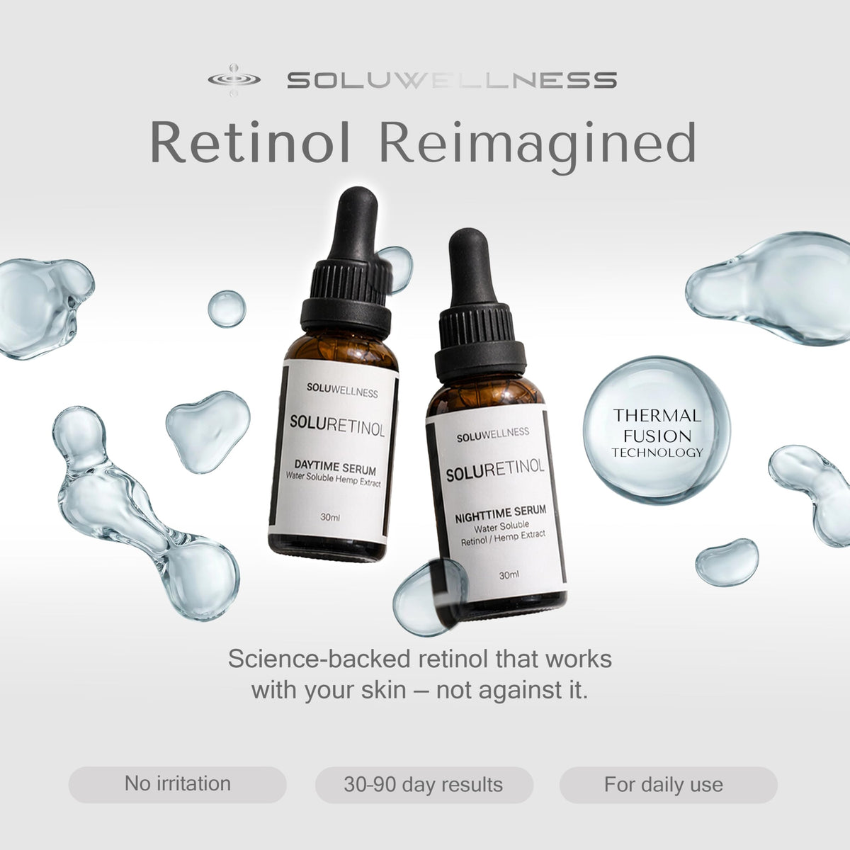 SOLURETINOL day serum dispenser closeup highlighting quick absorption and ready-for-makeup benefit