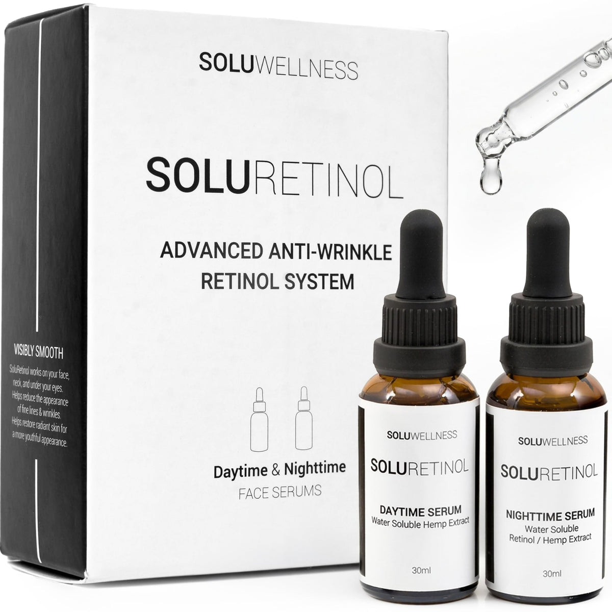 SOLURETINOL front packaging duo showing AM and PM serums and benefit of coordinated routine