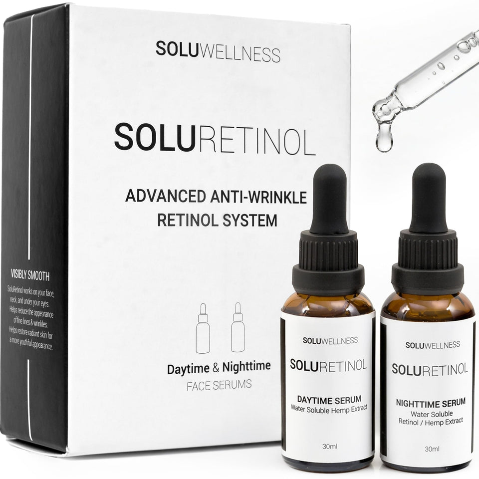 SOLURETINOL front packaging duo showing AM and PM serums and benefit of coordinated routine