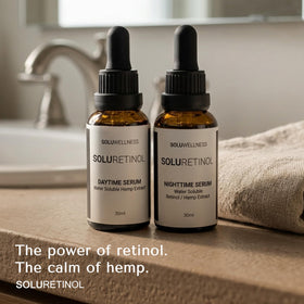 SOLURETINOL lifestyle bathroom routine displayed with serum duo and simple everyday benefit