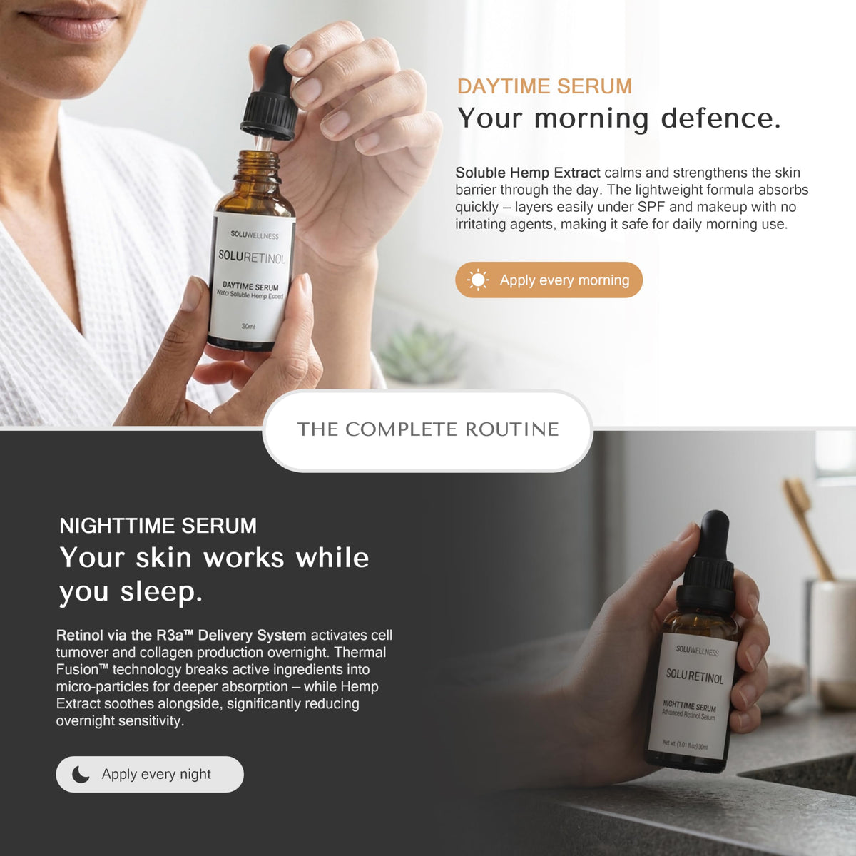SOLURETINOL scale comparison 30ml bottles showing size and travel-friendly benefit