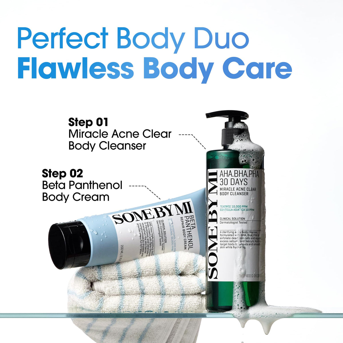 SOME BY MI tub staged on bath shelf suggesting daily body care routine