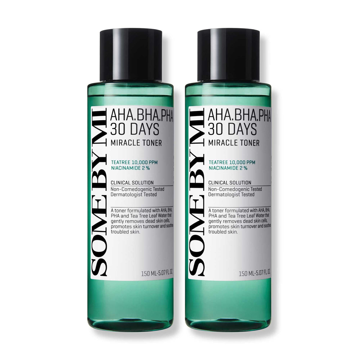 SOME BY MI front packaging showing twin toner bottles and benefits