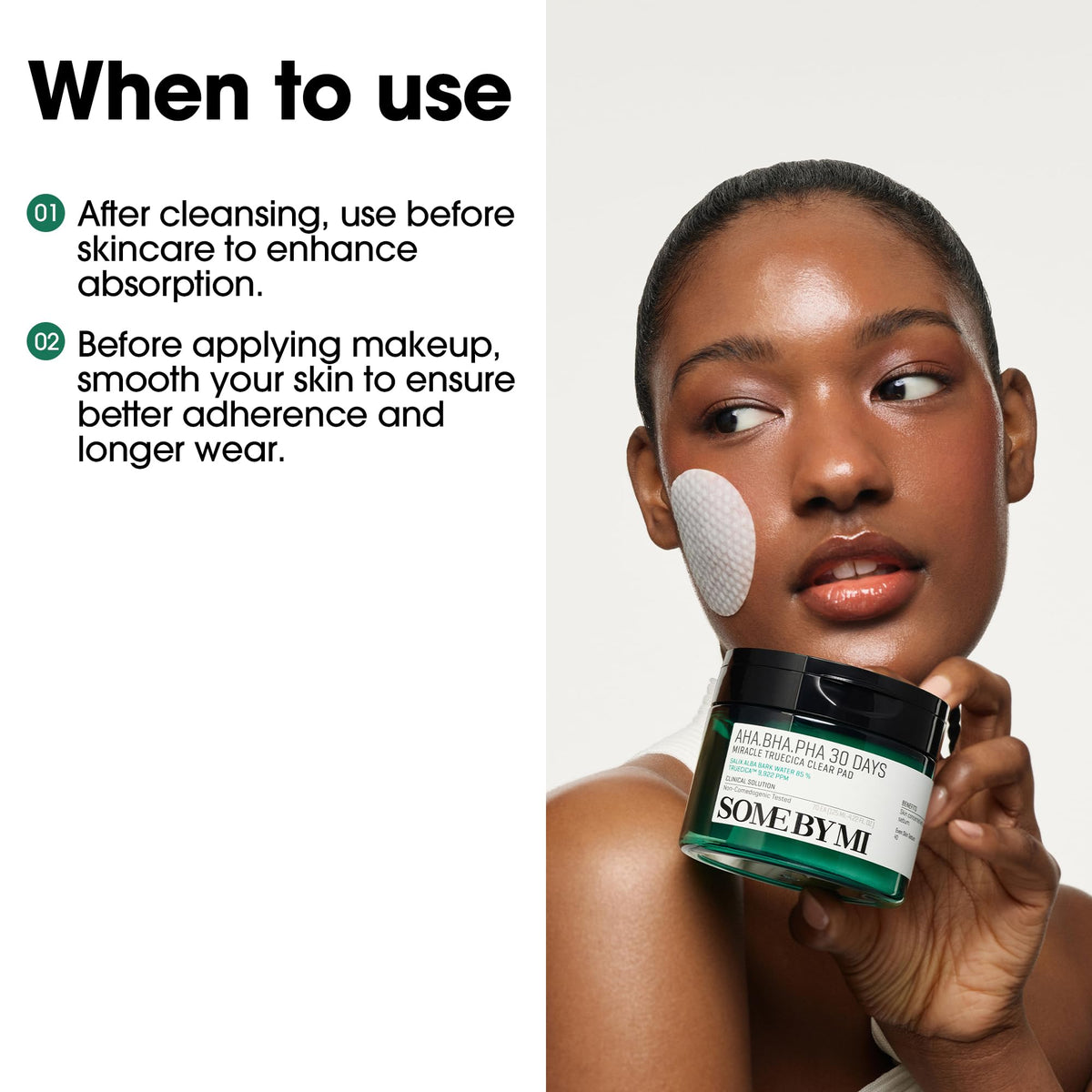 SOME BY MI pad being used on cheek to refine pores and smooth skin