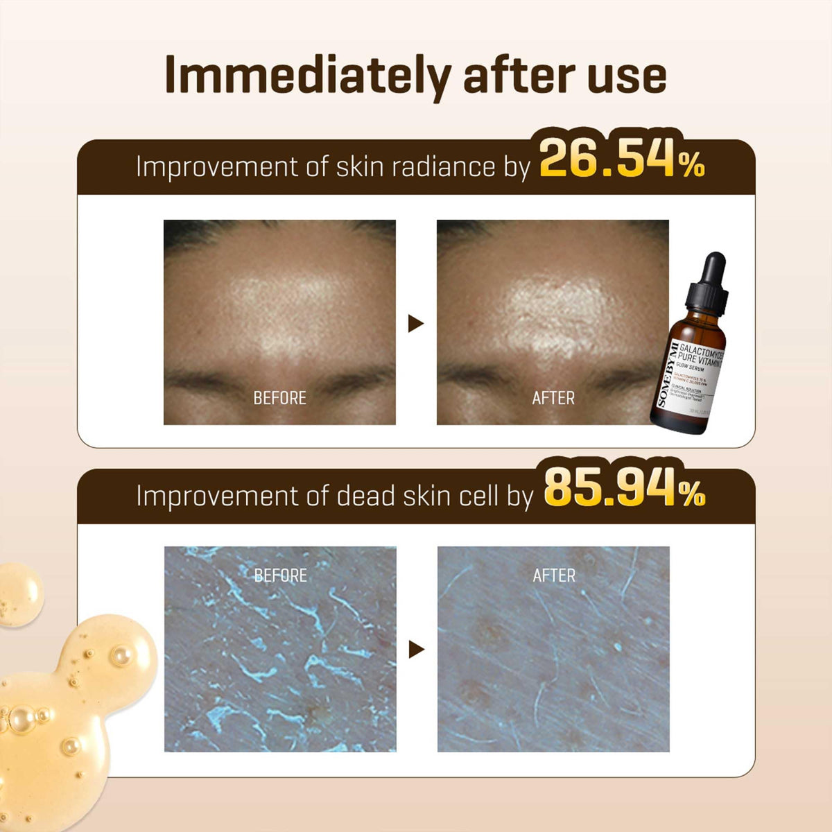 SOME BY MI serum applied to cheek demonstrating visible glow benefit