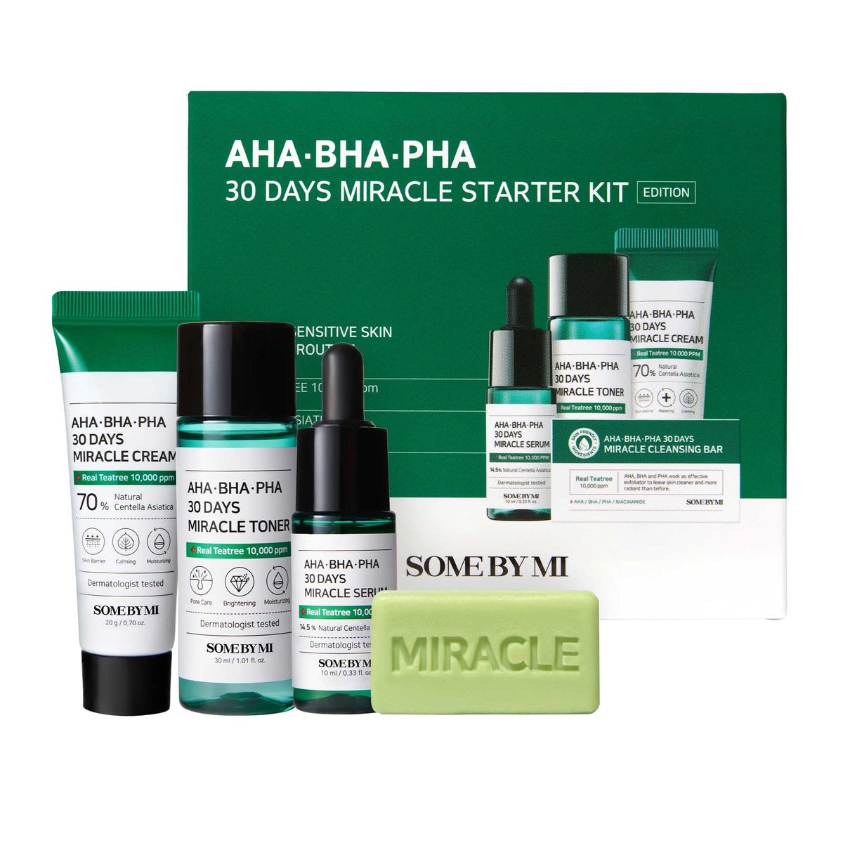 SOME BY MI starter kit front packaging showing travel-size bottles, convenient trial benefits