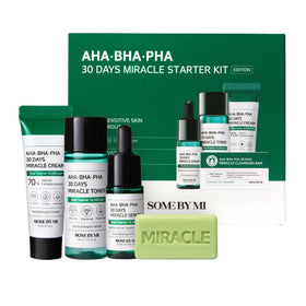 SOME BY MI starter kit front packaging showing travel-size bottles, convenient trial benefits