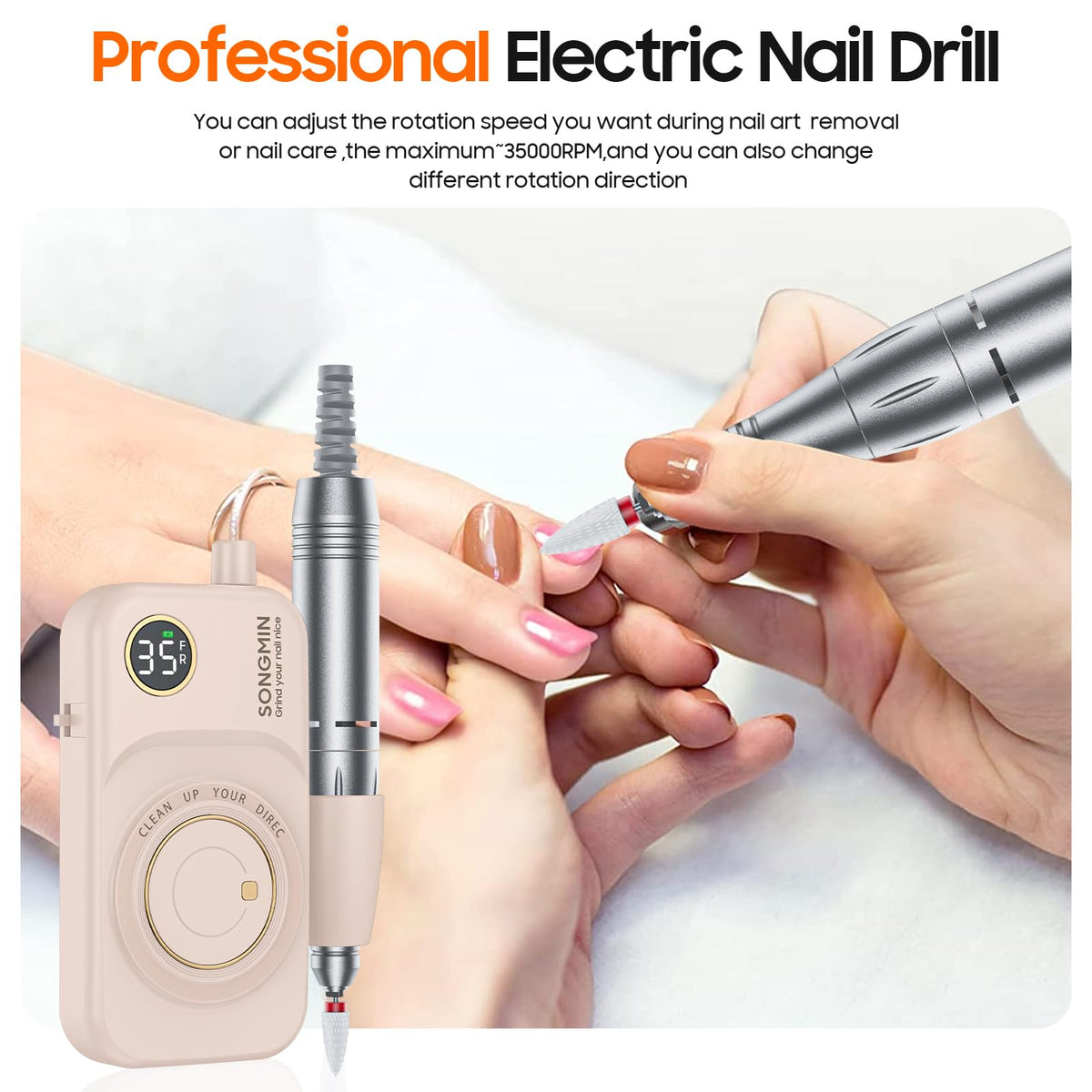SONGMIN drill in use by technician demonstrating efficient salon-style filing