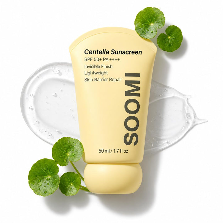 SOOMI front packaging showing SPF 50 and centella benefits for protection