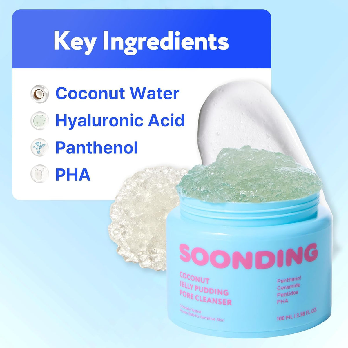 SOONDING ingredient label with panthenol ceramide peptides benefits