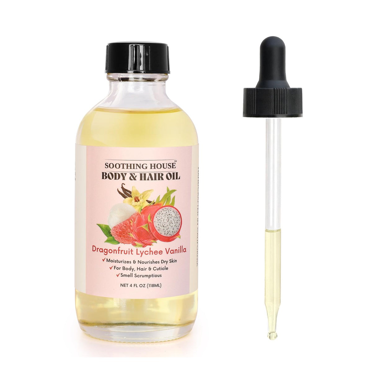 Soothing House front bottle showing dragonfruit lychee vanilla scent and hydrated skin benefit