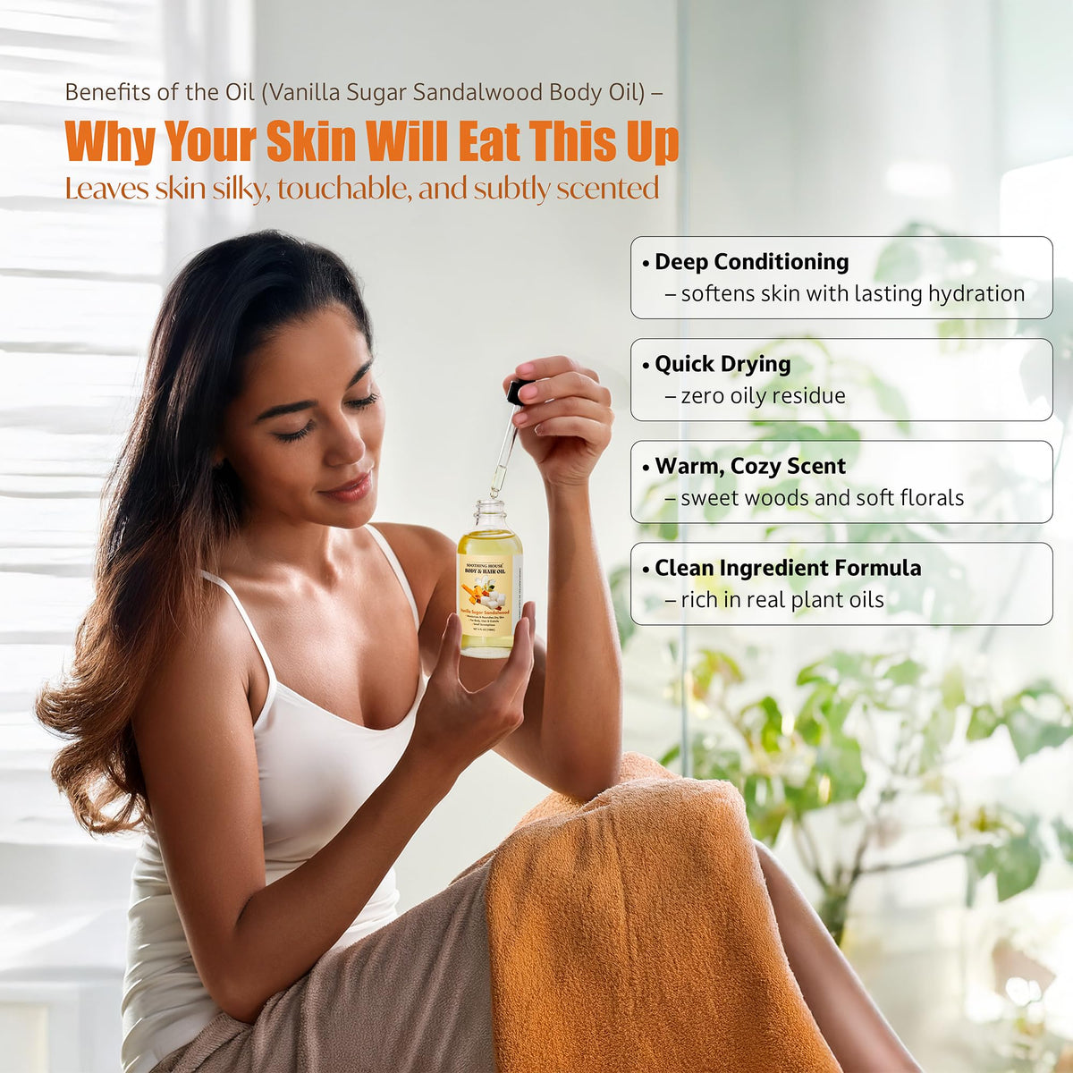 Soothing House oil texture on hand illustrating lightweight absorption and silky finish benefit