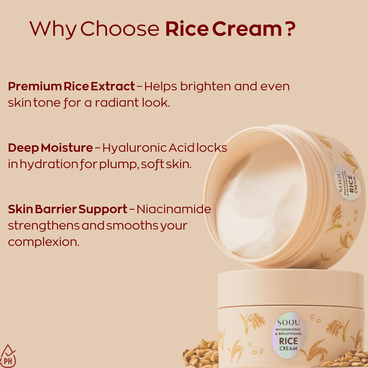 SOQU rice cream applied on hand, displays fast-absorbing hydration and non-greasy finish