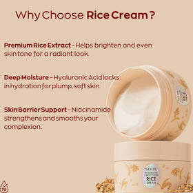 SOQU rice cream applied on hand, displays fast-absorbing hydration and non-greasy finish