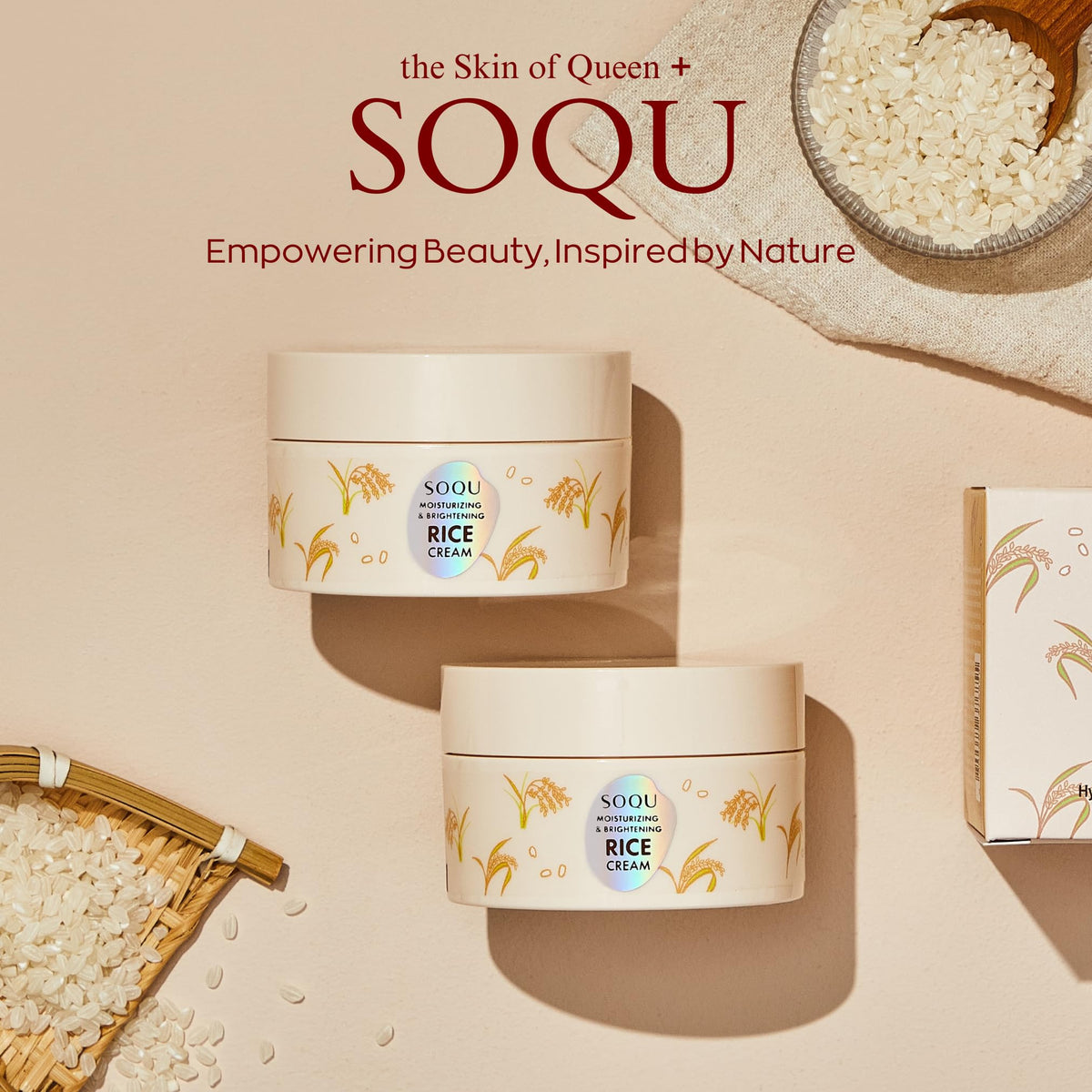 SOQU rice cream on bathroom counter in lifestyle setting, conveys everyday brightening benefits
