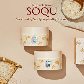 SOQU rice cream on bathroom counter in lifestyle setting, conveys everyday brightening benefits