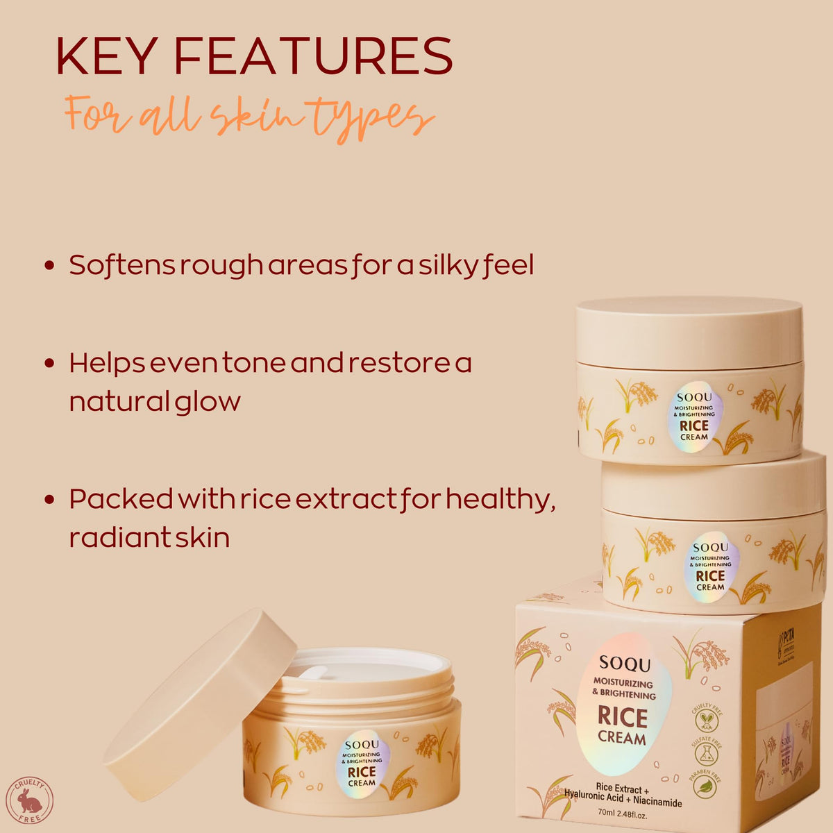 SOQU rice cream open jar with cream swirl, shows nourishing rice-infused formula