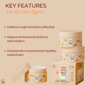 SOQU rice cream open jar with cream swirl, shows nourishing rice-infused formula