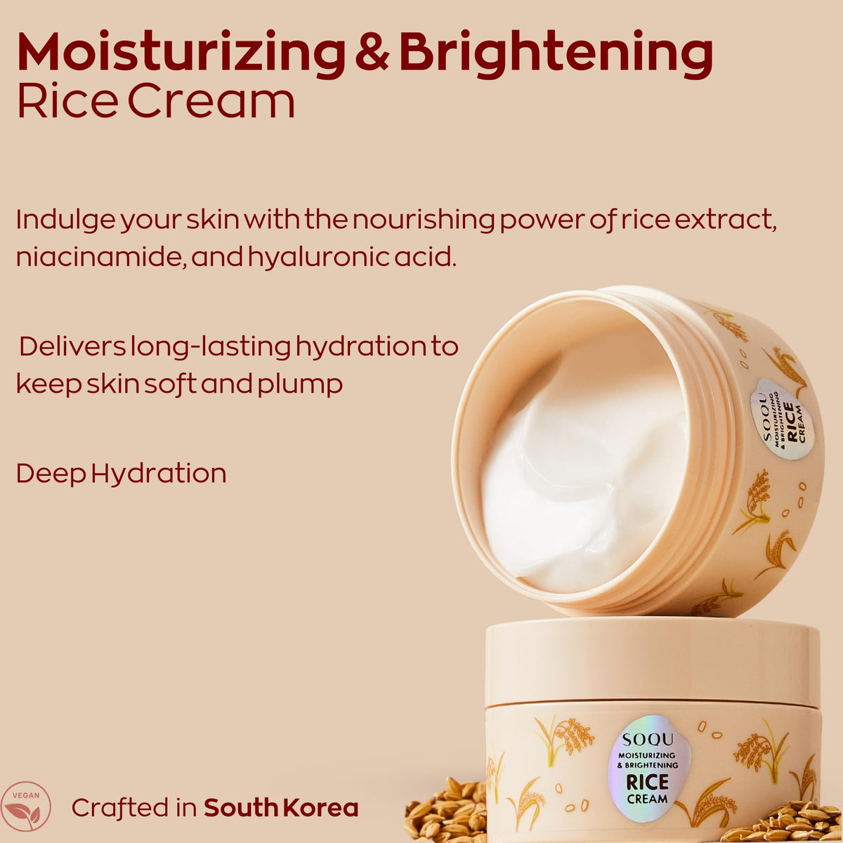 SOQU rice cream texture close-up revealing lightweight cream, demonstrates smooth absorption