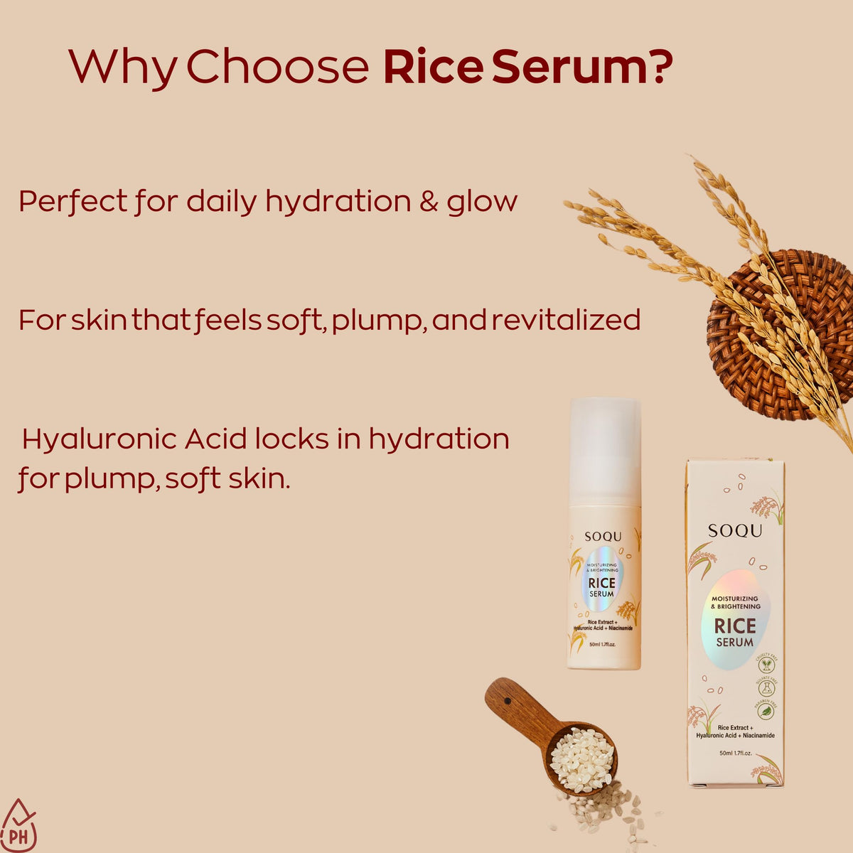 SOQU rice serum application on face illustrating fast absorption and glow