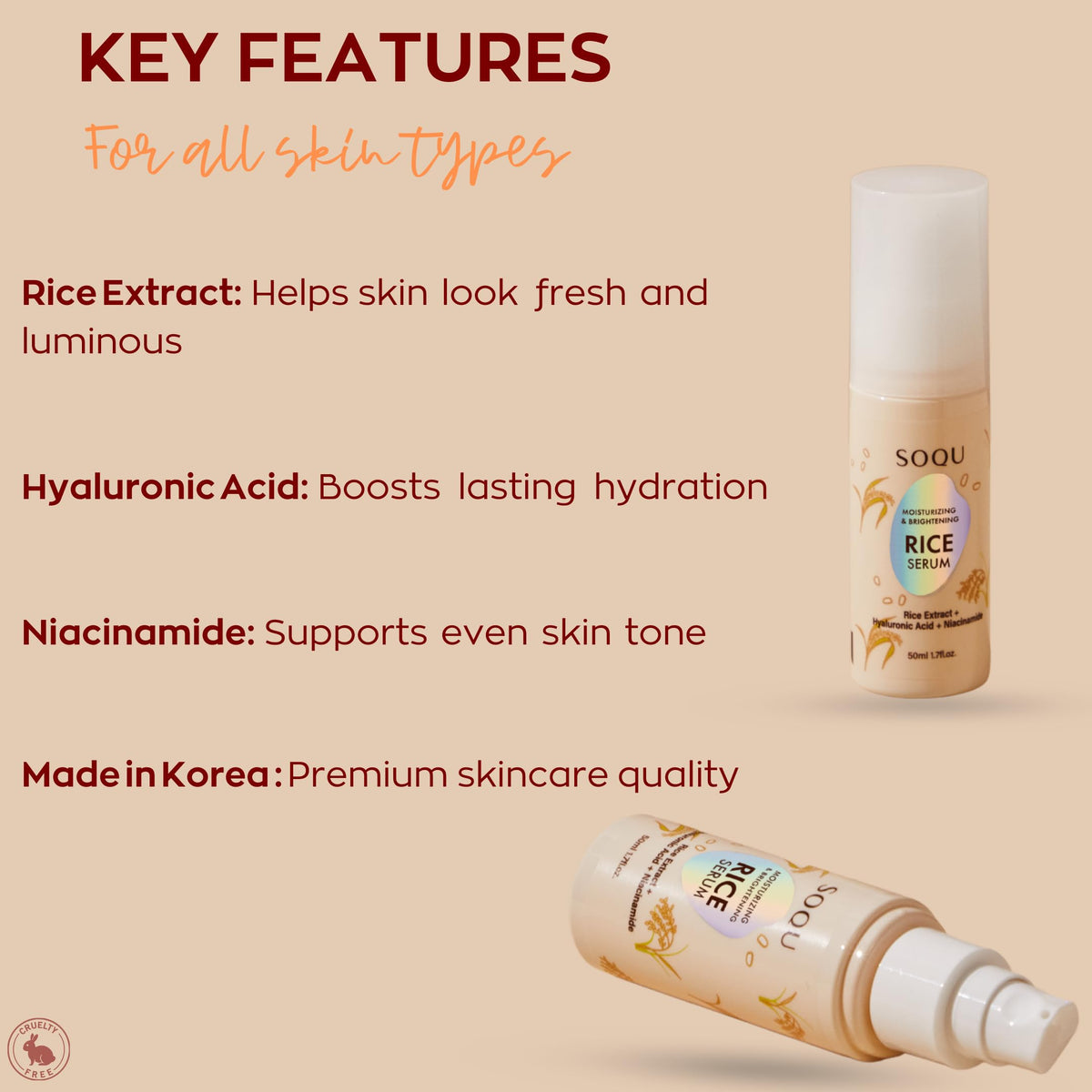 SOQU rice serum closeup label highlighting niacinamide and hyaluronic acid benefits