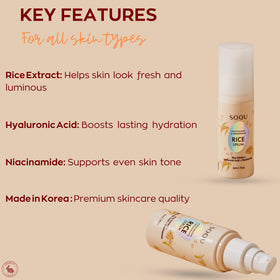 SOQU rice serum closeup label highlighting niacinamide and hyaluronic acid benefits