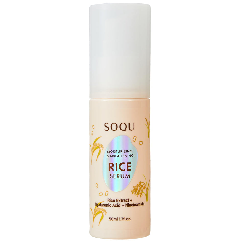 SOQU rice serum front bottle showing packaging and gentle hydrating benefit