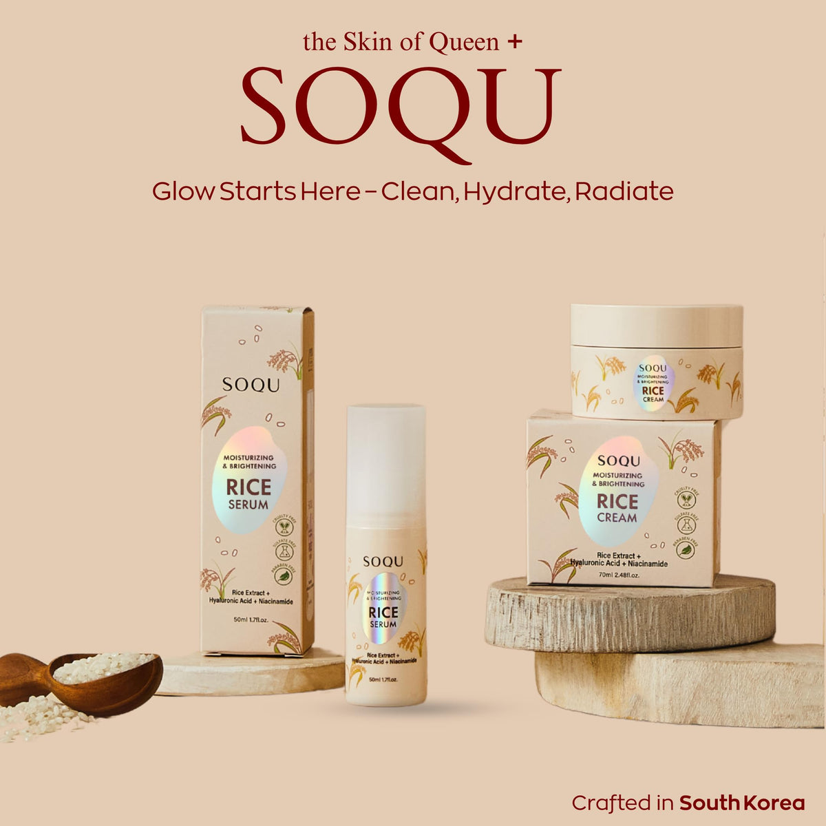 SOQU rice serum size comparison with coin showing 50ml travel-friendly benefit