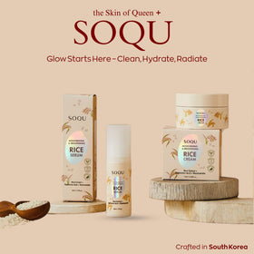 SOQU rice serum size comparison with coin showing 50ml travel-friendly benefit