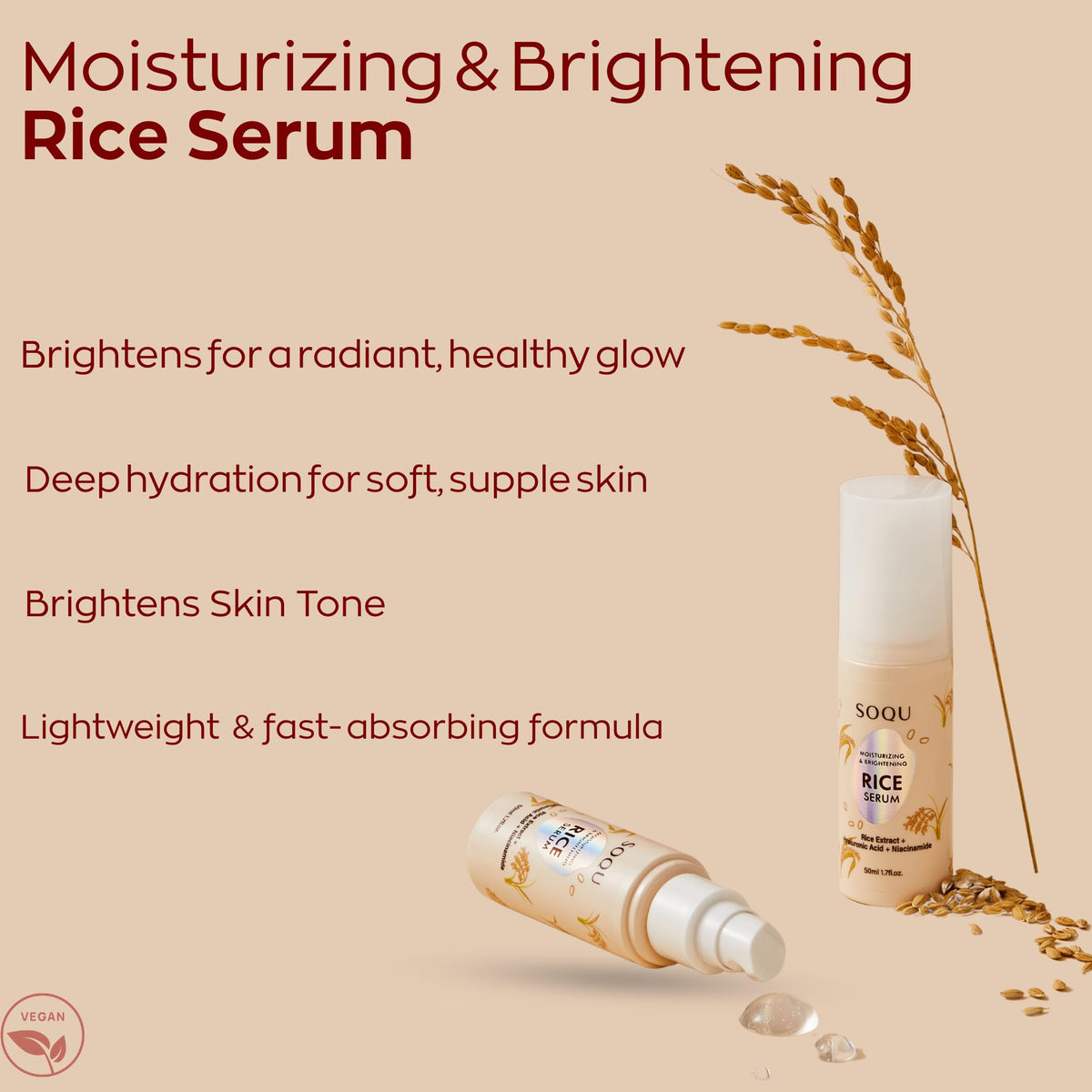 SOQU rice serum texture drop on hand demonstrating lightweight moisture