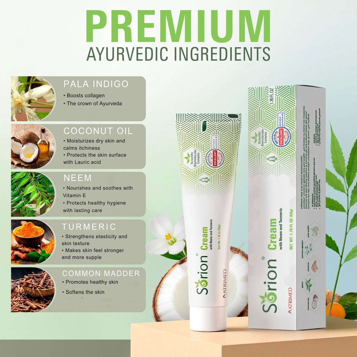 Sorion cream on bathroom shelf in lifestyle scene suggesting daily use