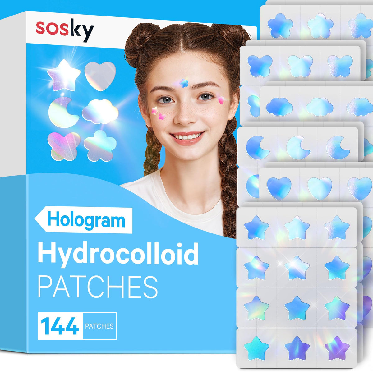 Sosky front packaging showing colorful hologram pimple patches and total count