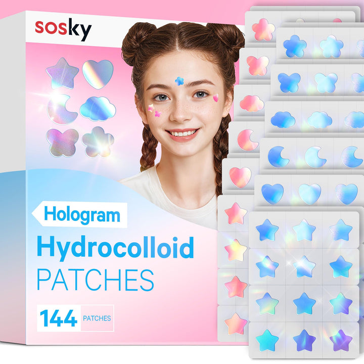Sosky front packaging showing holographic pimple patch assortment and benefits
