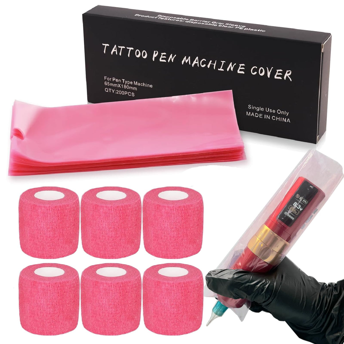 Sotica front packaging showing 200 pink pen covers and 6 grip tapes, convenient bulk kit