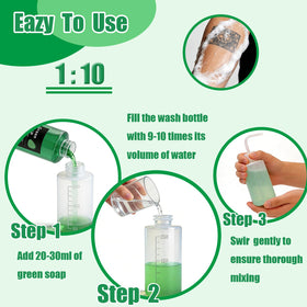 Sotica green soap being poured into a bottle demonstrating easy mixing and control