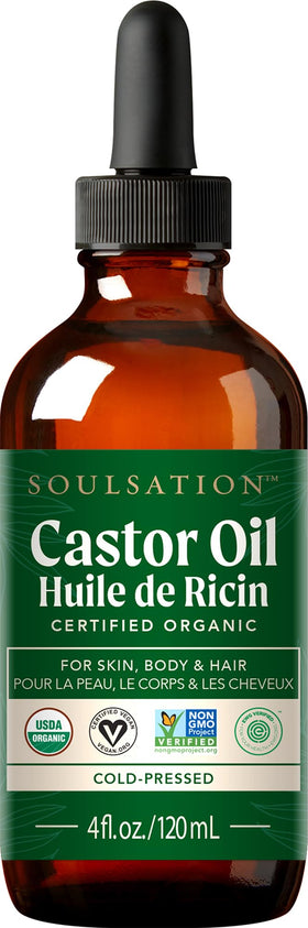 SOULSATION front glass bottle shows pure castor oil and organic label benefits