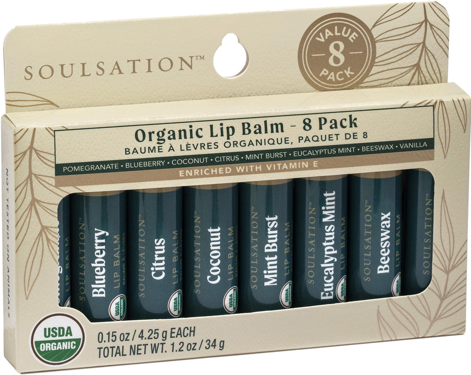 soulsation pack front showing eight organic lip balms and flavor names for easy selection