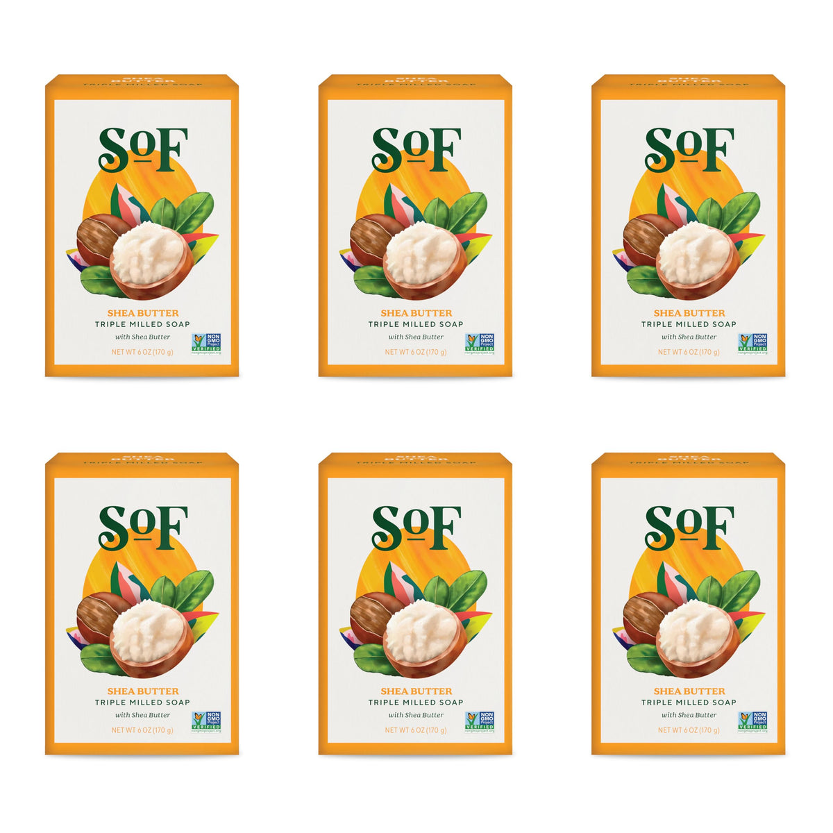 South Of France front-packaging showing six shea bars and brand benefits