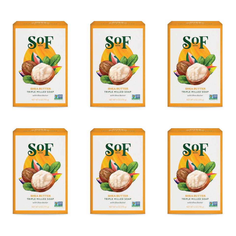 South Of France front-packaging showing six shea bars and brand benefits