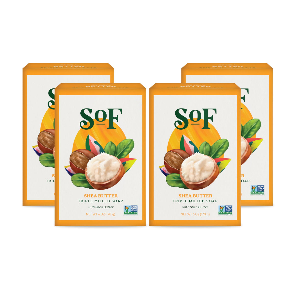 South Of France front packaging showing four shea butter bars, clear branding and benefits