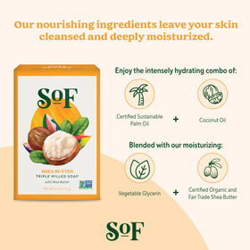 South Of France shea butter in bowl next to soap, illustrating natural moisturizing ingredient